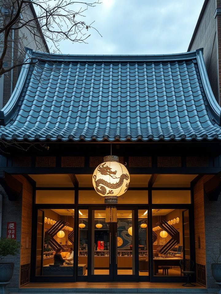 全景展示新店门头，青瓦飞檐与极简金属线条碰撞，门前悬挂龙纹灯笼，夜色中散发暖光