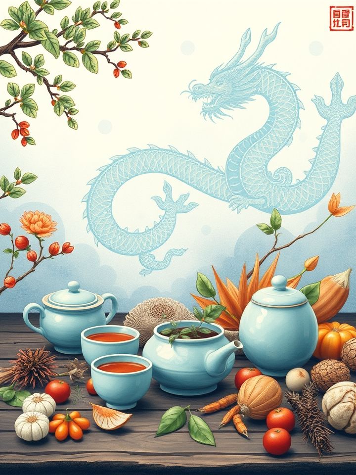 龙的良方奶茶奶茶加盟费相关的**插图1**：古风手绘风格的茶饮调配场景，青瓷茶具与新鲜食材交相辉映，背景呈现龙纹图腾。（提示：展