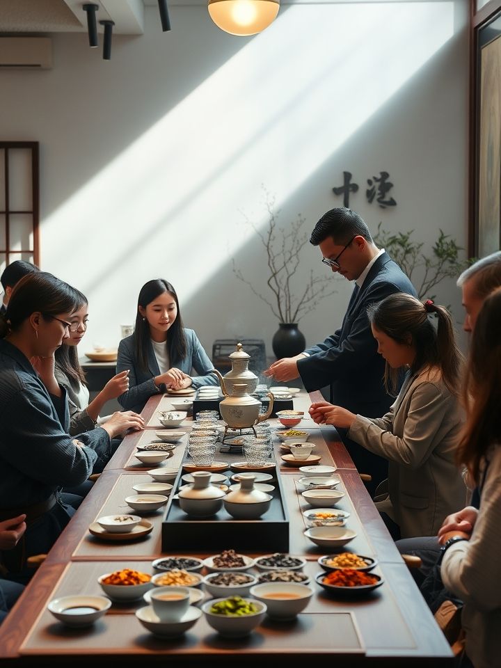 展示加盟商培训基地，专业茶艺师指导学员进行茶叶拼配实操的图片