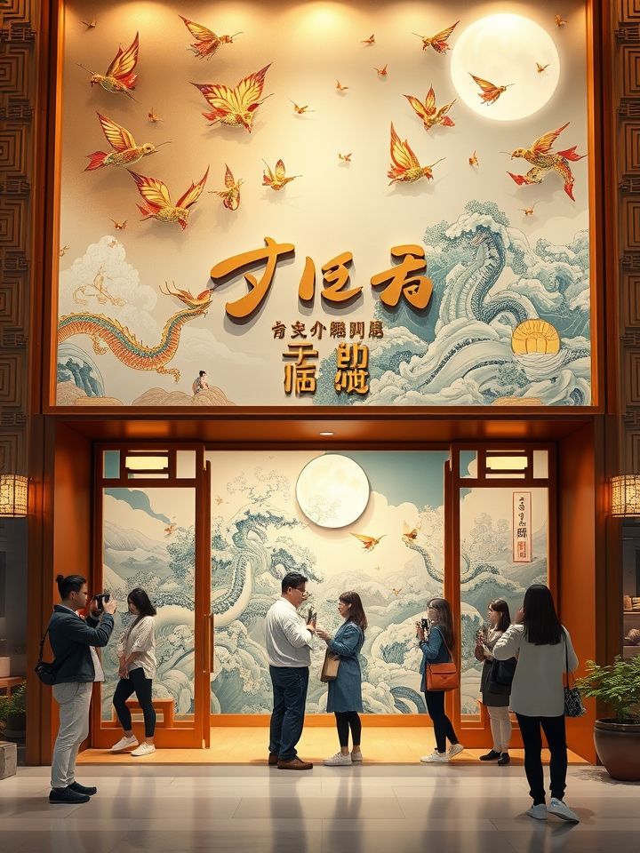 展示龙的良方式茶甘肃旗舰店实景，有古铜色主调门头搭配飞天壁画元素，顾客在特色文化墙前拍照
