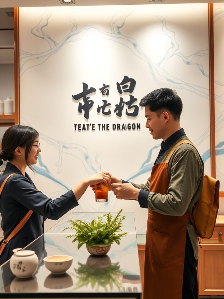 拍摄品牌旗舰店实景图，展现明亮国风空间，店员为顾客递送特色奶茶，背景墙展示“龙的良方 东方茶韵”标语