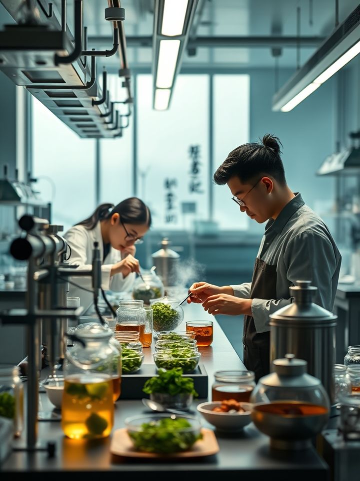 突出专业仪器、新鲜原料与团队协作氛围，展现研发团队在实验室调配新茶饮的实景