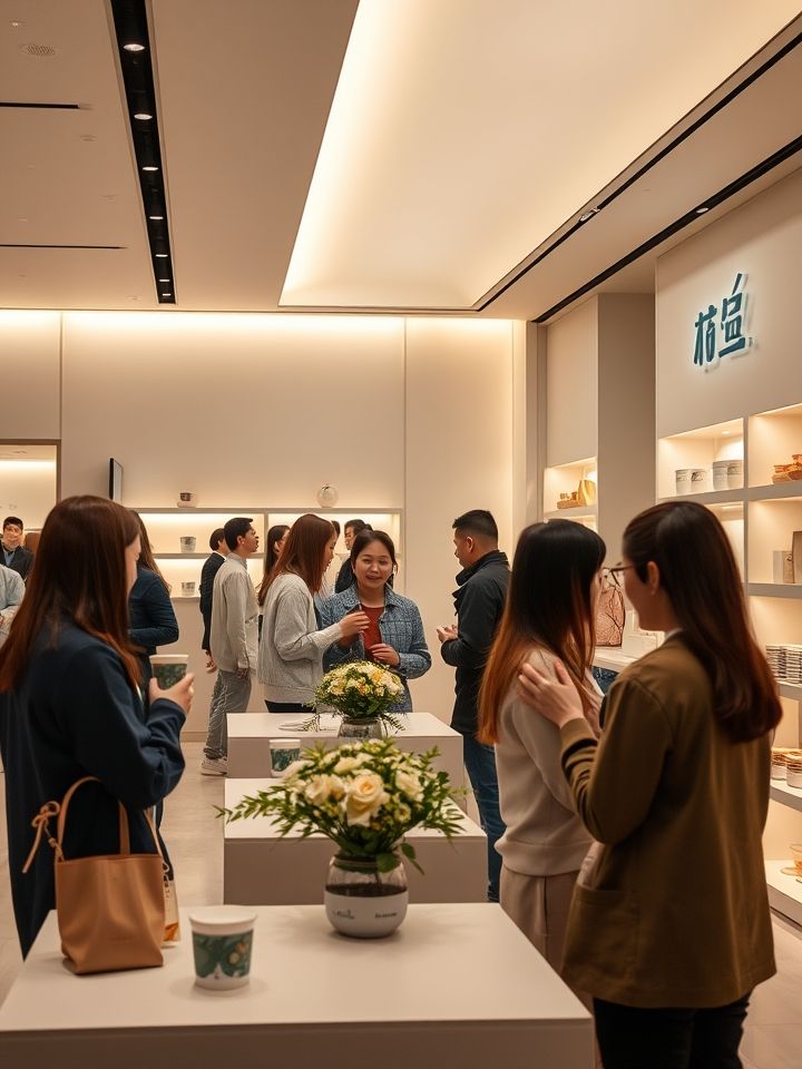 现代简约风格门店实景图，暖色调灯光映衬招牌，顾客手持创意杯套产品交谈