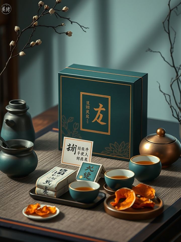 中式茶桌、“龙的良方式茶”定制礼盒、六堡茶砖与陈皮片、手写体冲泡步骤卡片。