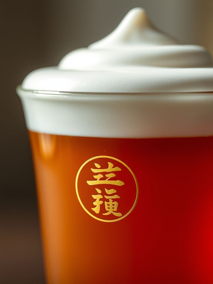 拍摄产品特写镜头，聚焦琥珀色茶汤与雪顶奶盖的层次渐变，展现杯身烫金logo在逆光中若隐若现的效果