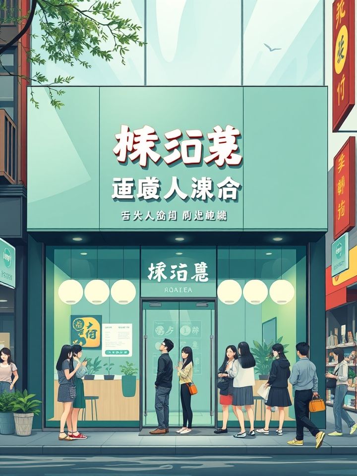 龙的良方奶茶加盟连锁店相关的**插图1**：现代风格门店外观，玻璃橱窗映出“龙的良方式茶”招牌与排队顾客，背景为繁华商业街。（提