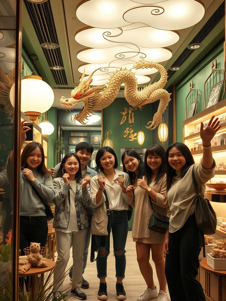 聚焦国潮风格装修与年轻顾客群体，展示消费者在龙形主题门店打卡的照片