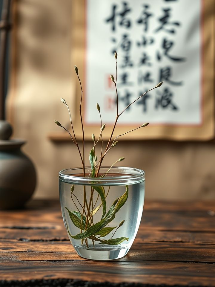 芽叶在玻璃杯中水中舞动，背景为原木茶台与书法字帖，展示柳芽茶汤舒展动态过程