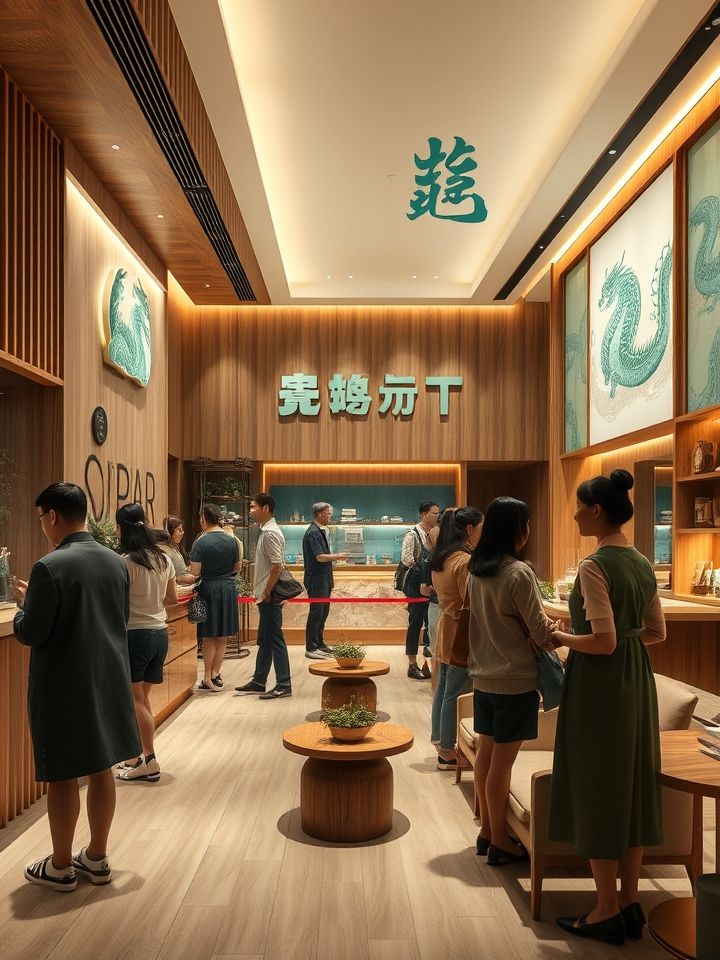 展示龙的良方式茶品牌概念店原木色调空间设计与顾客排队场景的实景图