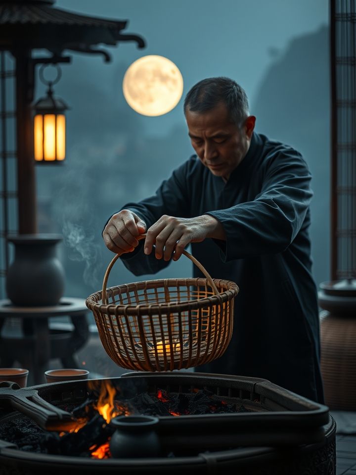 茶师专注翻动竹制焙笼，炭火微光映照沧桑手掌
