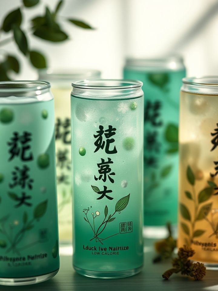 展示产品组合，9宫格特写饮品，突出“草本”“低卡”标签