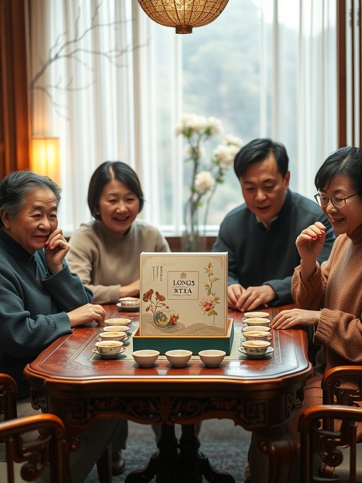 家庭场景中，三代人共品老茶，茶桌上摆放“龙的良方式茶”礼盒，传递健康与温情。