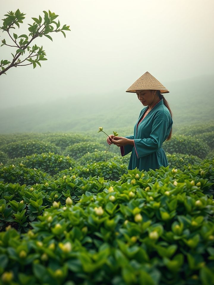 云雾缭绕茶园中茶农轻采带晨露芽尖特写