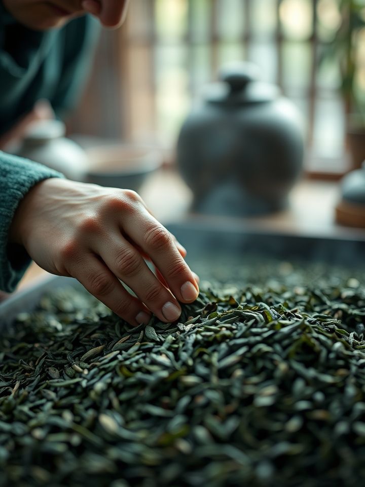 展现传统制茶技艺匠心细节的工匠手工翻堆茶叶特写