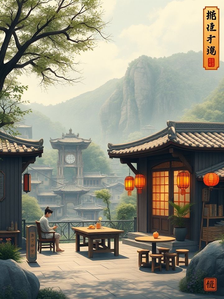 展示龙的良方式茶标志与时尚门店形象，背景为茶饮制作过程，品牌主视觉图需突出“龙形LOGO+草本原料”