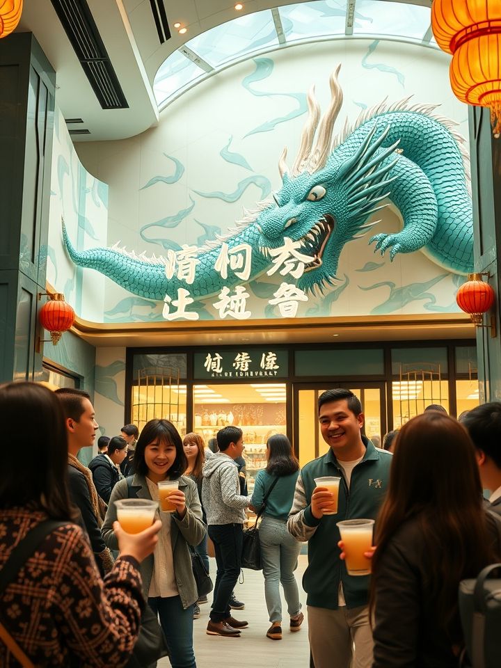 展示龙的良方式茶甘肃旗舰店实景，包括明亮现代的门店设计和顾客手持特色奶茶互动场景