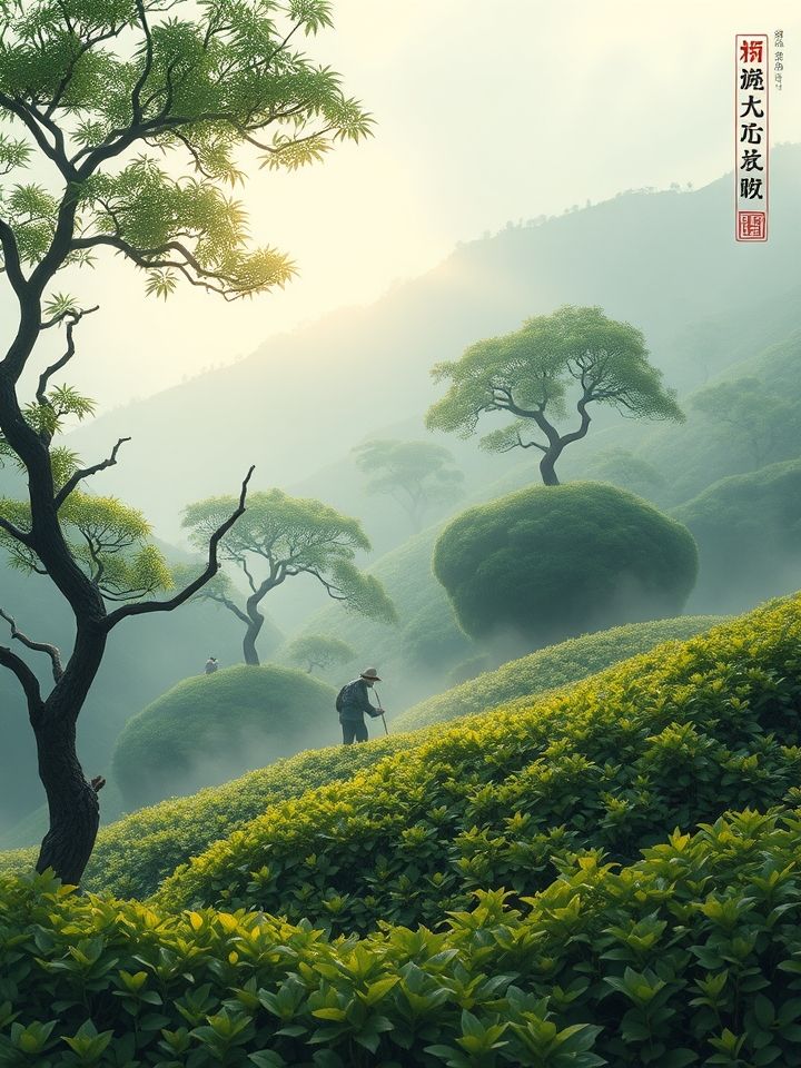 展示雾气缭绕茶山间茶农手工采摘老树茶叶场景，配文“云南百年古茶树，龙的良方式茶核心原料来源”