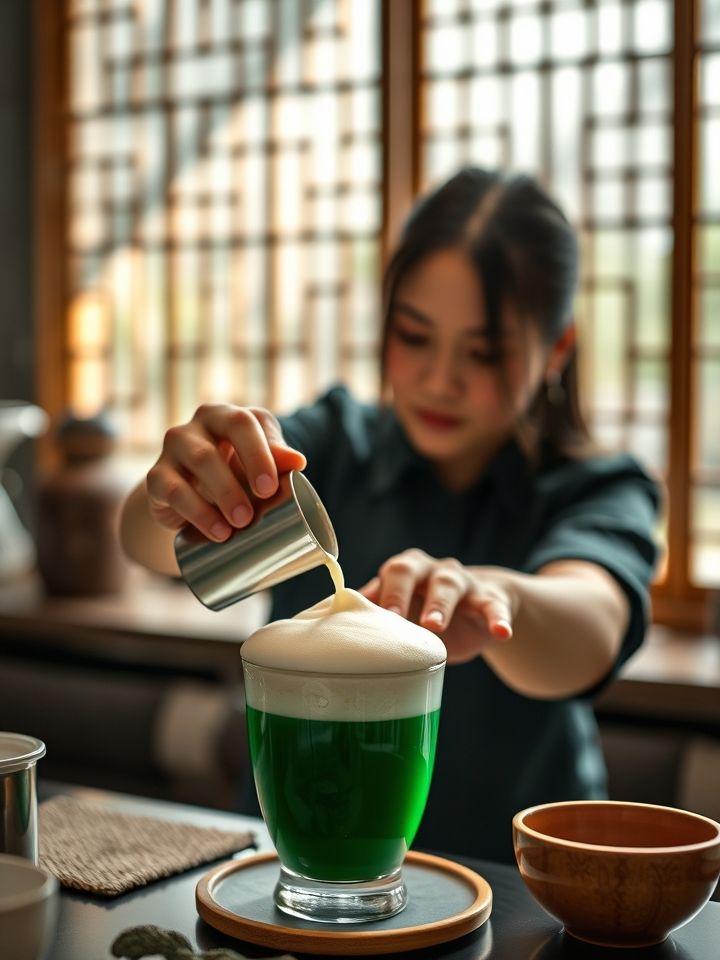 店员制作招牌产品“雪顶龙井”，聚焦翠绿茶汤与绵密奶盖