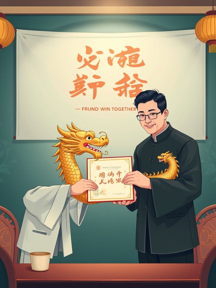展示加盟签约仪式现场，创始人向合作伙伴授予金色龙形加盟授权书，背景横幅写着“同心共赢”字样