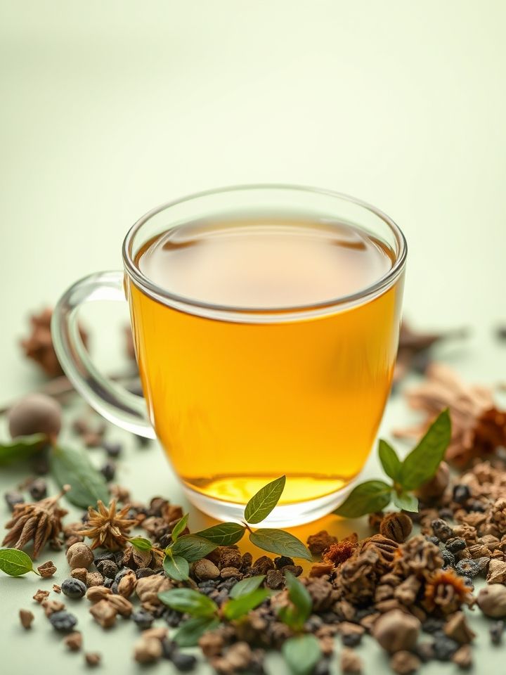 一杯清澈三降茶特写搭配天然草本原料，浅绿色背景突出自然健康理念