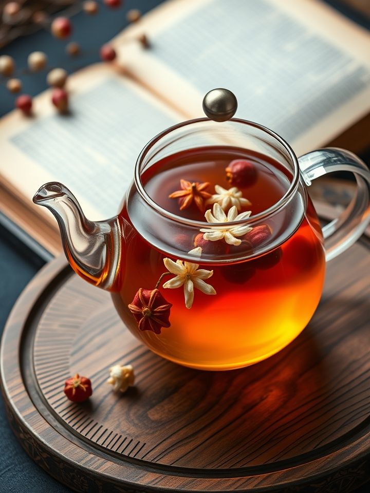 玻璃茶壶中琥珀色茶汤，枸杞与菊花在水中舒展，背景是木纹茶盘与古籍书页