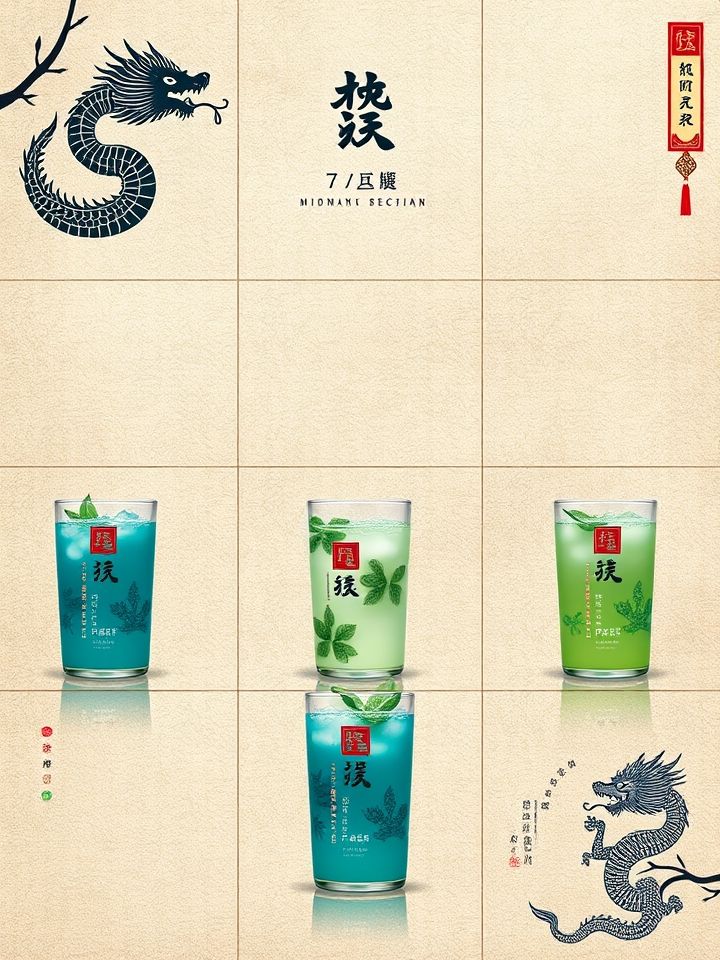 呈现龙的良方式茶9款招牌饮品的九宫格产品陈列图，展示色彩层次与国潮包装细节，配文每一杯都是可追溯的安心