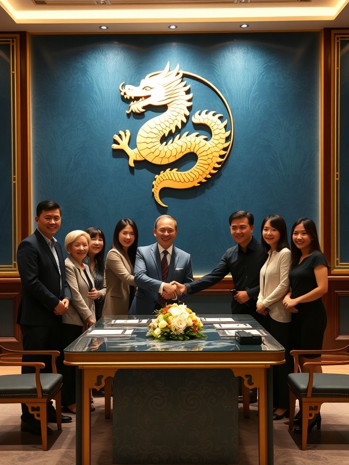 品牌总部签约仪式现场，加盟商与团队握手合影，签约桌前的合作画面，背景为品牌金色龙纹LOGO墙