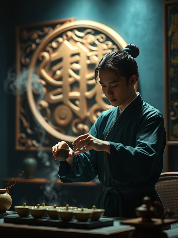 年轻茶艺师演示改良版三道茶艺，背景有木刻招牌