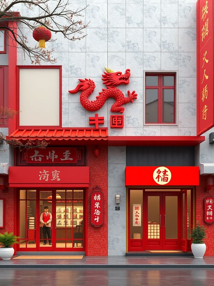 呈现3D效果图，展示国潮风红色主调店与极简风灰白色系店两种标准化店面风格，门头显著位置有龙形LOGO