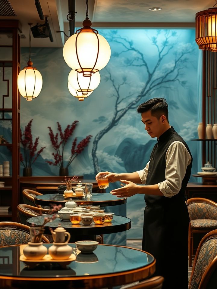 展示明亮时尚的龙的良方式茶门店实景，店员递饮品，背景有国风元素装饰