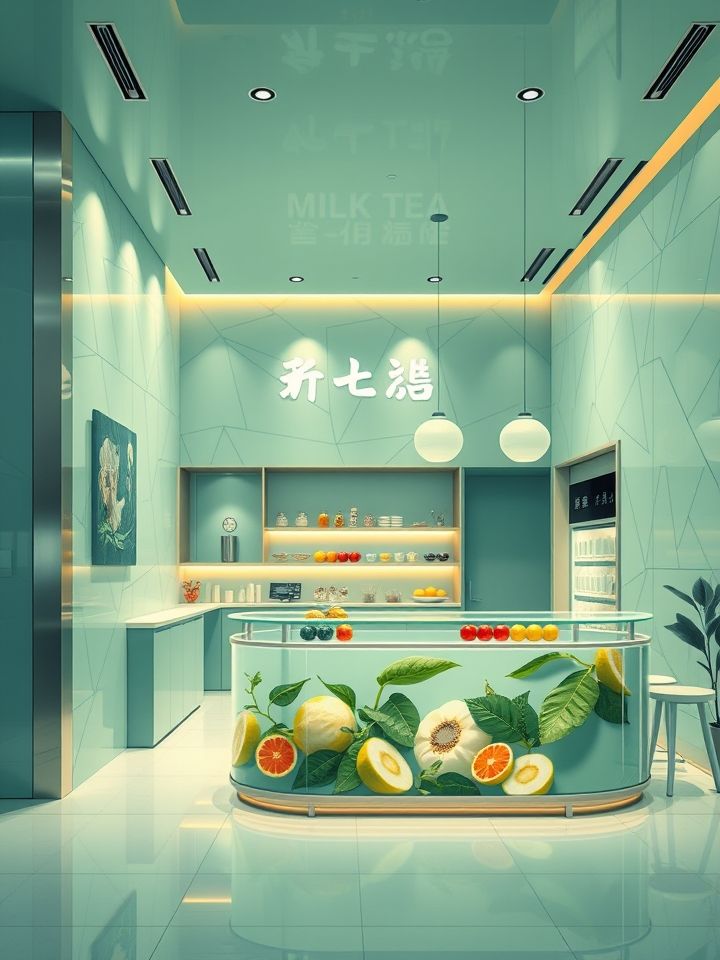 银川奶茶加盟相关的**插图1**:（品牌银川概念店实景图：门店以银灰与茶青色为主视觉，操作台透明化呈现鲜果、茶叶萃取过