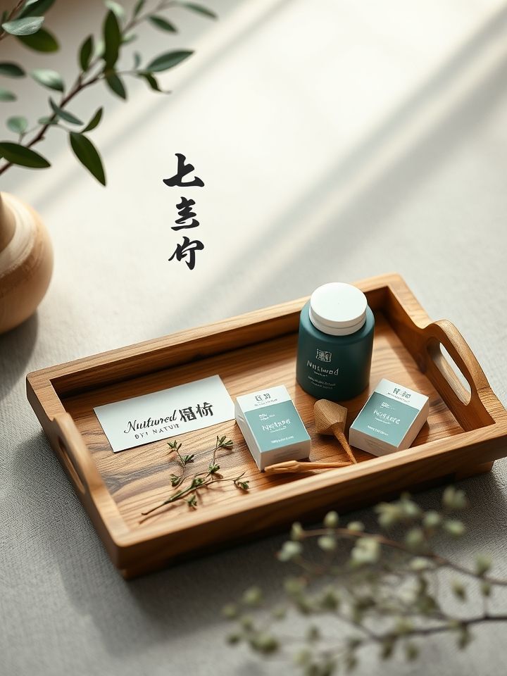 木质托盘陈列产品，搭配书法字“养于自然”与简约包装设计，传递质朴与品质并存品牌调性