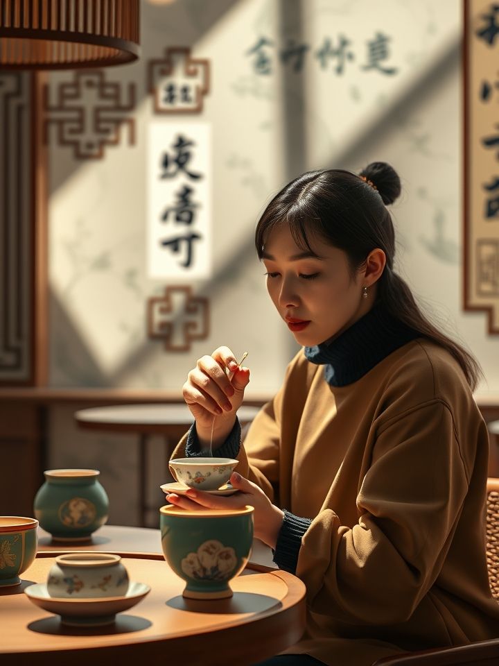 呈现古风元素与现代设计融合空间，顾客手持特色杯装茶饮的门店实景图
