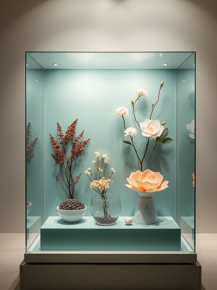 原料展示图，陈列陇南茶叶、苦水玫瑰等地域原料的亚克力透明展柜
