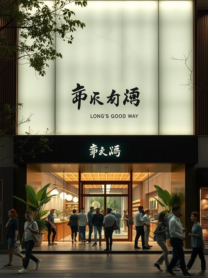 龙的良方式茶总部实景图，现代感门头与络绎不绝的顾客