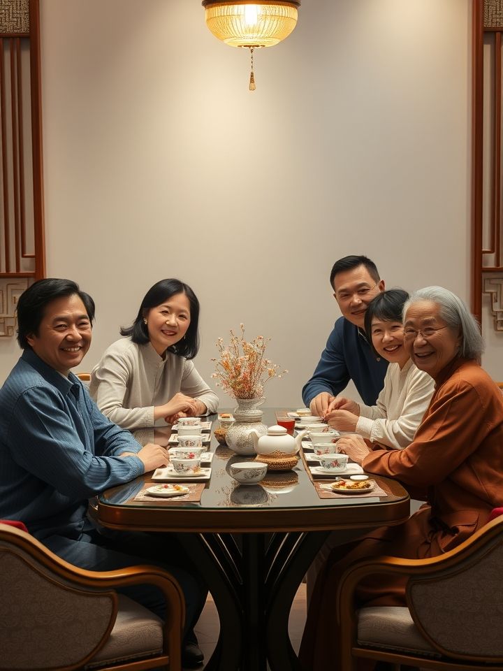 不同年龄层人群在餐桌旁共饮三降茶的家庭温馨场景，传递全家共享健康氛围