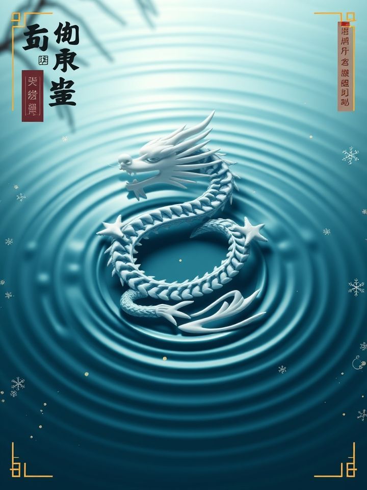 展示冬季新品立体海报，主视觉为盘龙图腾与茶汤波纹结合，突出龙年限定杯套设计