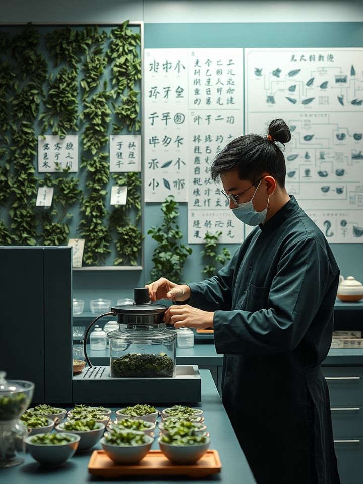 实验室工作场景，茶师正在操作智能萃茶设备，背景墙展示各类茶叶标本与工艺流程图