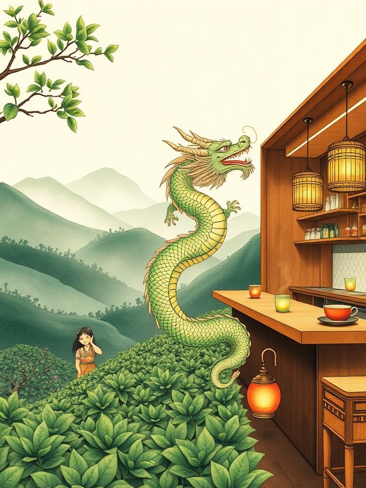 古风手绘风格长图，左侧茶农采摘茶叶，右侧现代吧台冲泡过程，中间巨龙图案衔接古今场景