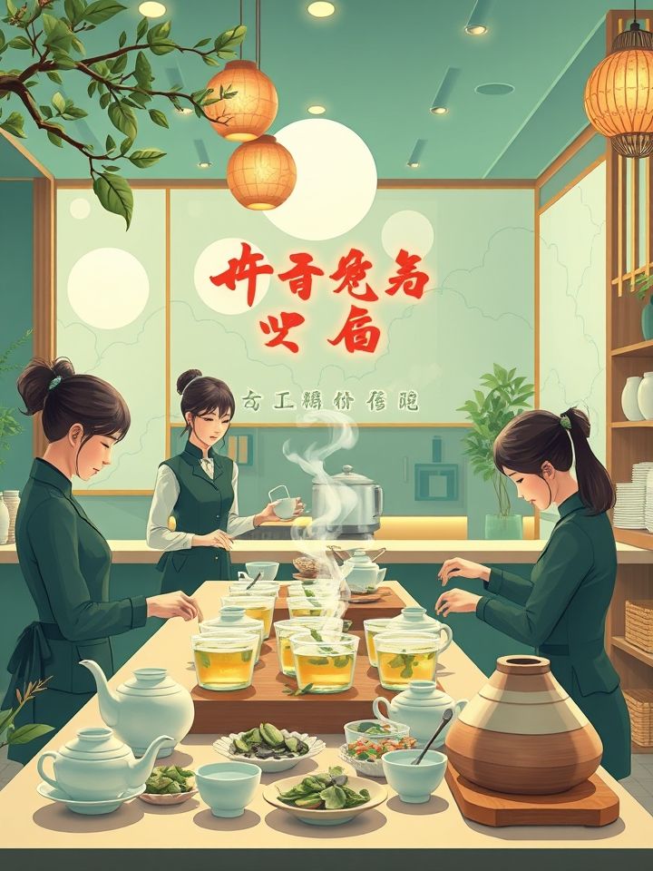 展示龙的良方式茶饮门店实景，包括明亮操作台与国潮风包装设计，店员制作招牌龙涎鲜乳茶