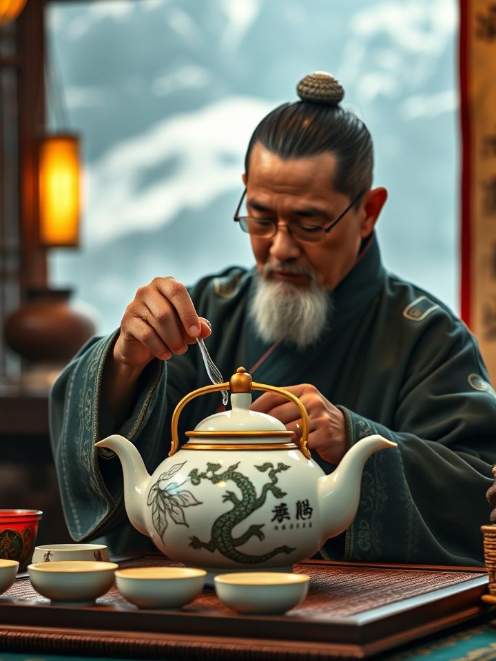 身着藏族服饰的茶艺师正在冲泡昆仑雪菊茶汤，突出高原元素与品牌视觉，背景要有印有“龙的良方式茶”LOGO的定制茶具