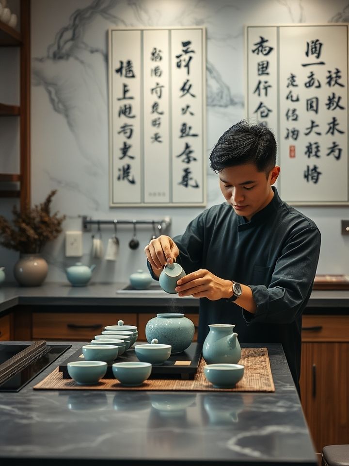 开放式操作台特写，茶艺师用青瓷茶具进行冷萃工序，背后墙面悬挂书法《茶经》节选