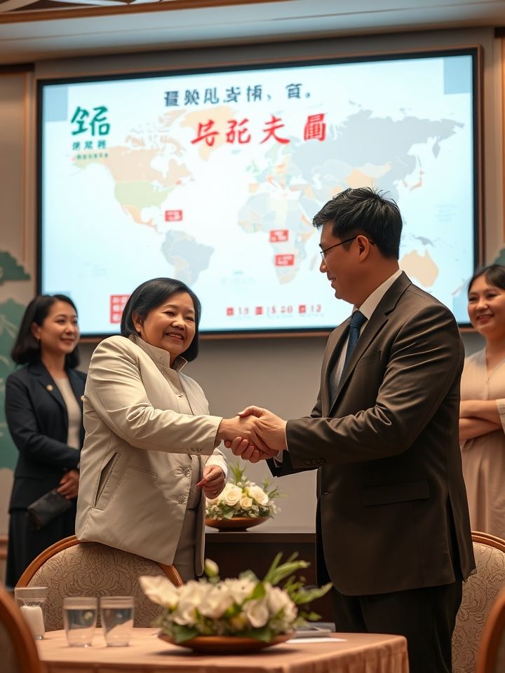 加盟商签约现场，创业者与总部代表握手，背景为“龙的良方式茶 全球加盟版图”电子屏