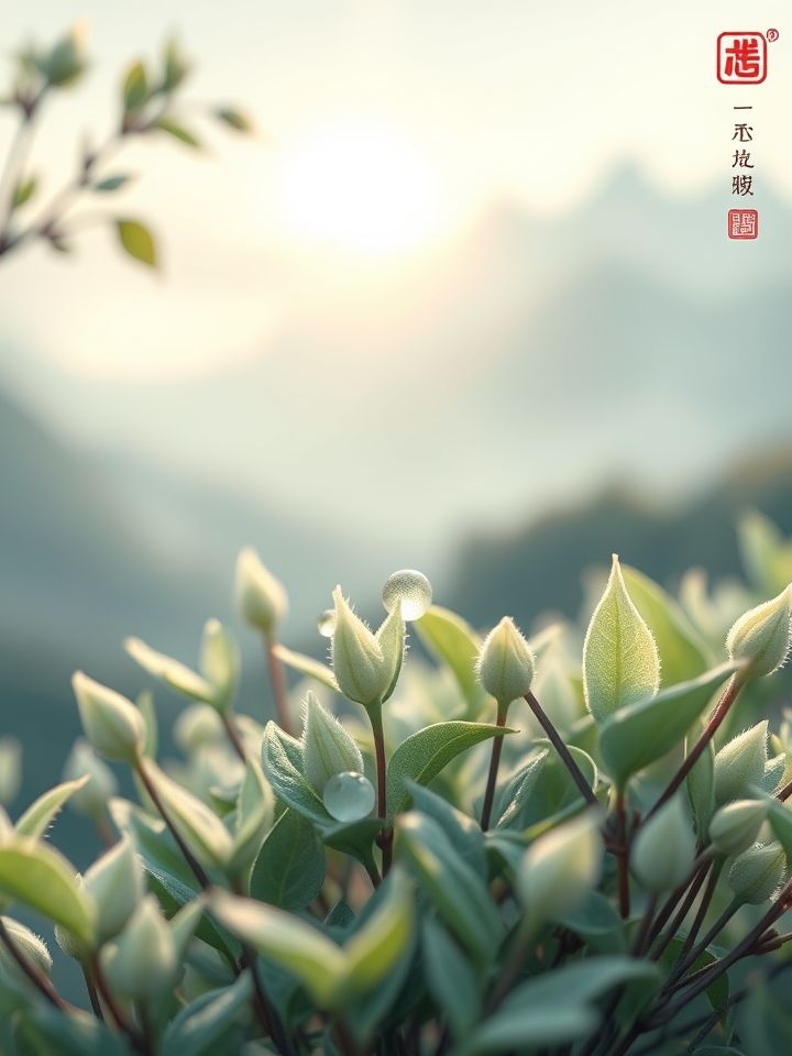 银针茶的功效相关的**插图1**：晨曦中的银针茶芽特写，露珠点缀于白毫之间，背景为群山薄雾。（建议配图：突出茶叶天然质