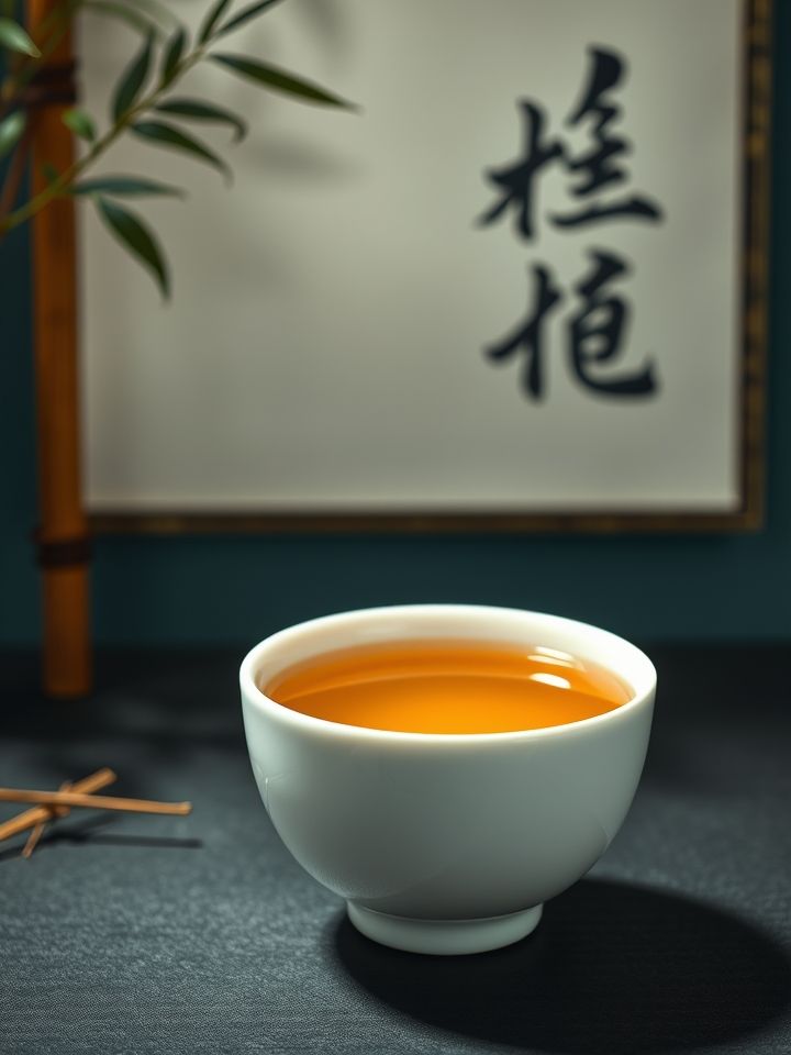 白瓷杯中金黄油亮的茶汤，背景为竹简与毛笔书写的“道法自然”四字