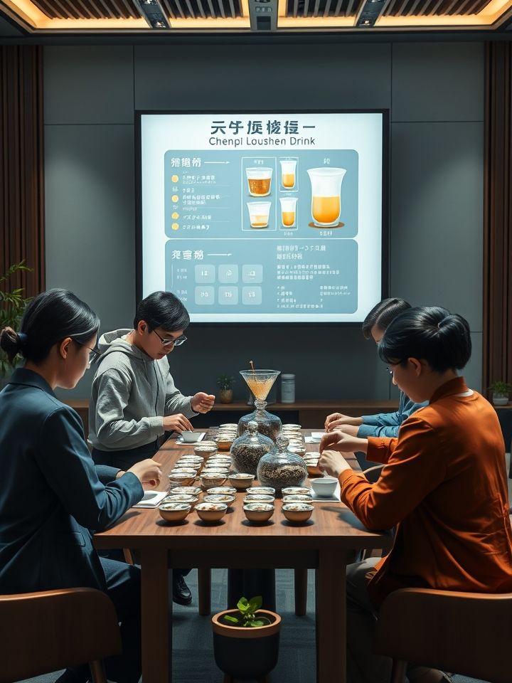 培训场景，5位学员在开放式操作台学习拉茶技艺，背景电子屏显示