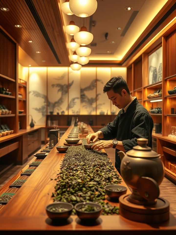 拍摄全景式门店照片，体现暖色调灯光映照原木吧台，茶艺师正在冲泡茶叶，背景要包含“三周年限定杯贴”设计元素