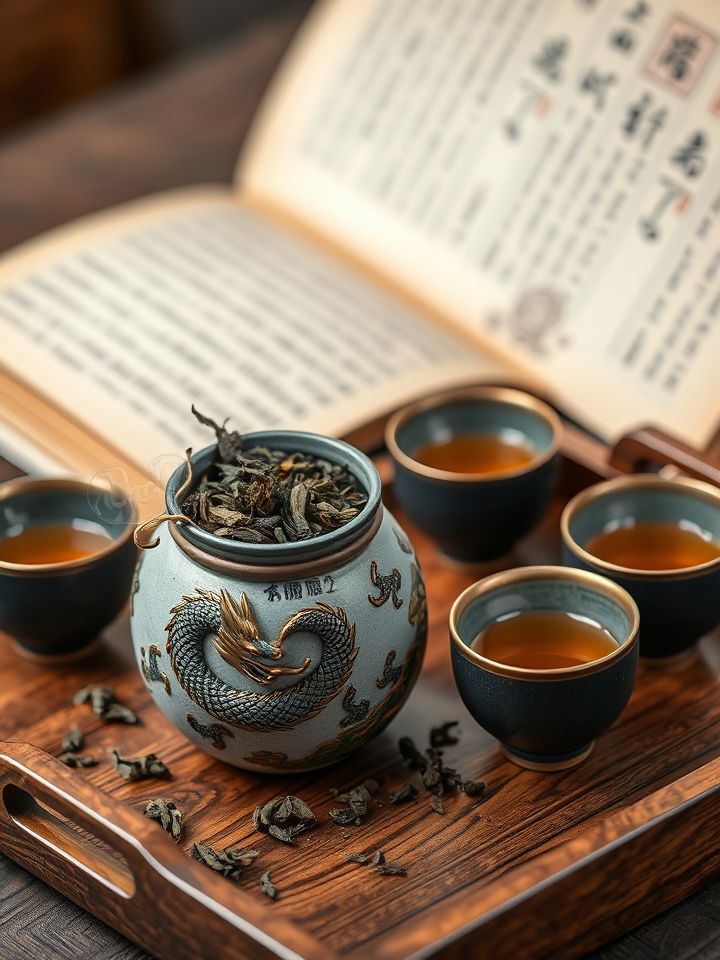 木质茶盘上摆放龙的良方式茶柳芽茶罐，旁侧茶杯热气袅袅，背景为古籍《本草纲目》虚化页影，传统智慧现代健康