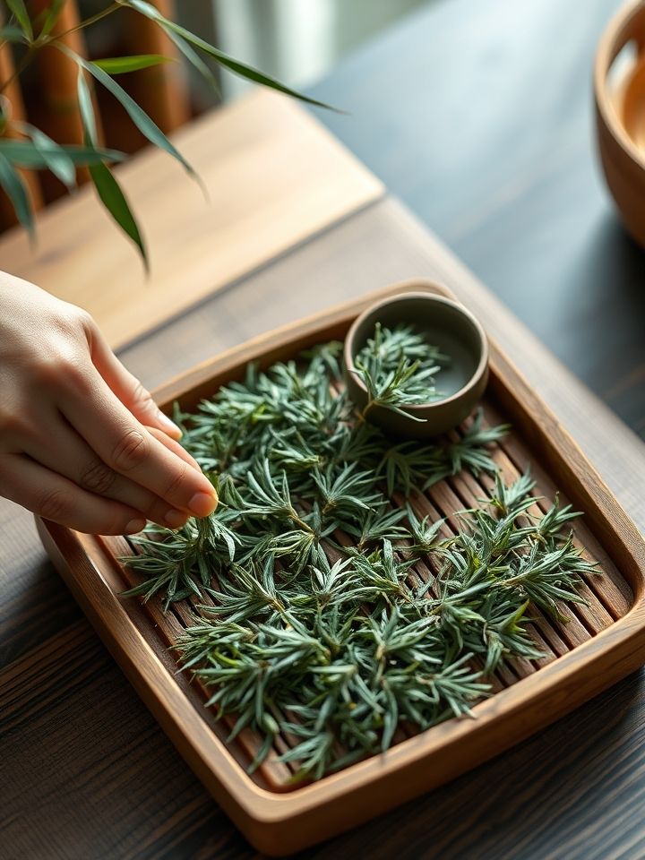 非遗匠人在木质茶匾上轻摊银针芽叶与竹器纹理交叠画面