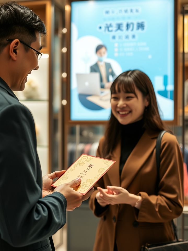 顾客手持鎏金烫印邀请函在门店微笑交流，背景电子屏显示“总部直通车”活动海报